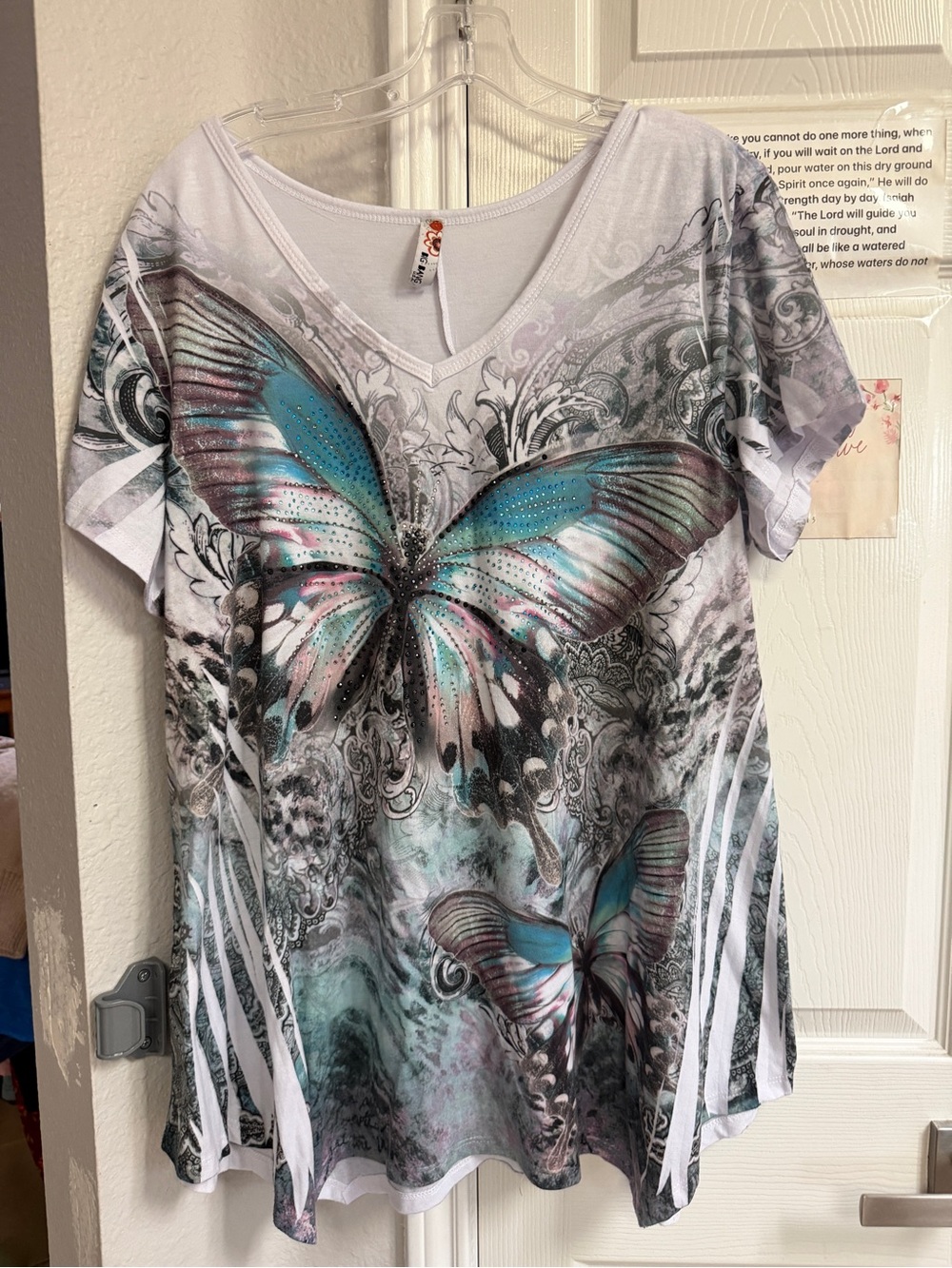Women’s V-Neck Butterfly Print Tee - White with Teal and Pink Accents